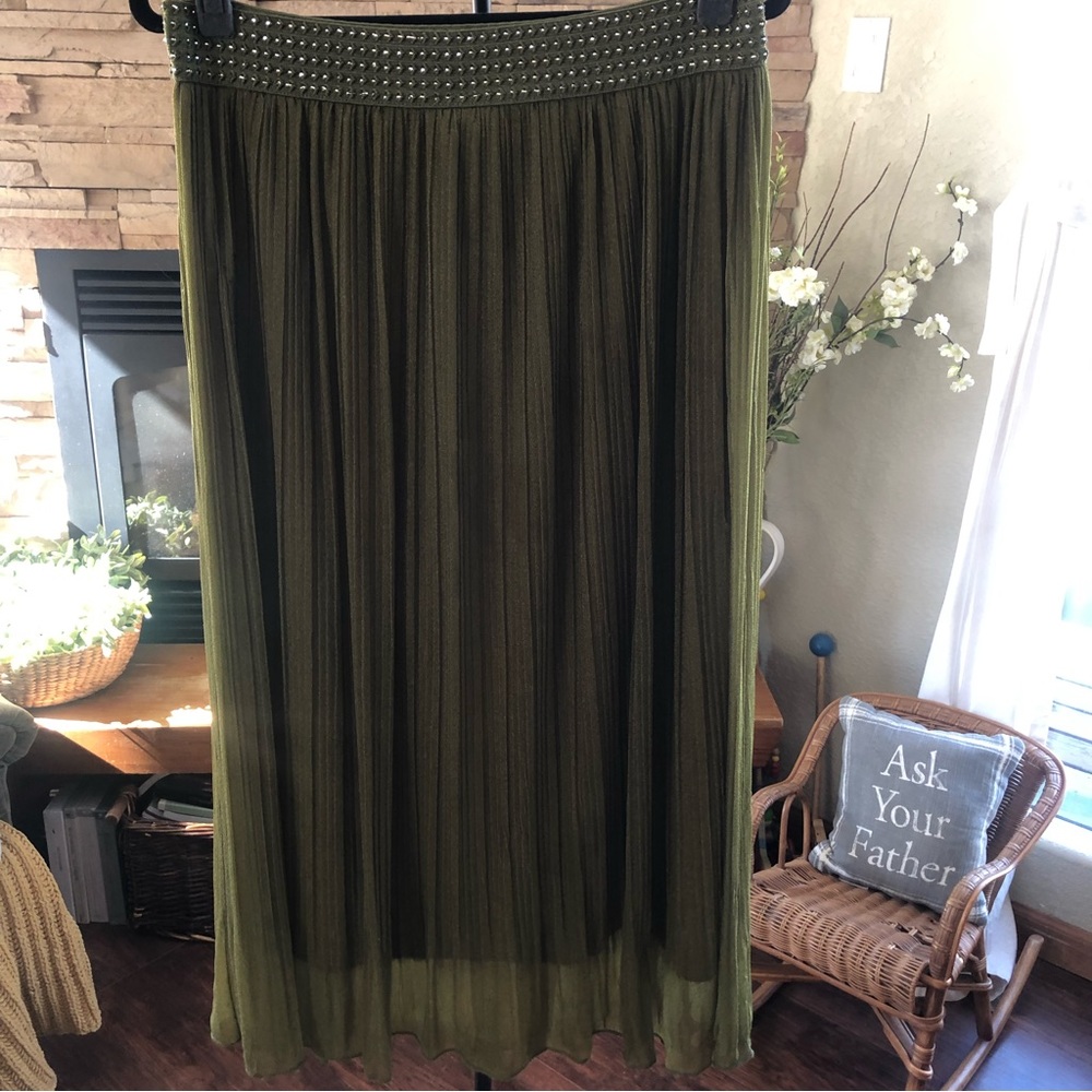 Metro Wear Green Chiffon Pleated Midi Skirt